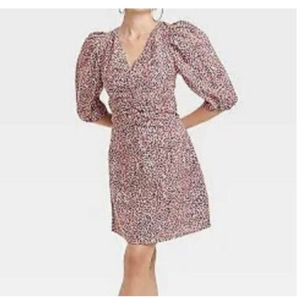 UNIVERSAL THREAD Dress Womens Sz 2 Elbow Puff Sleeve Pink Ruched Mini Abstract‎